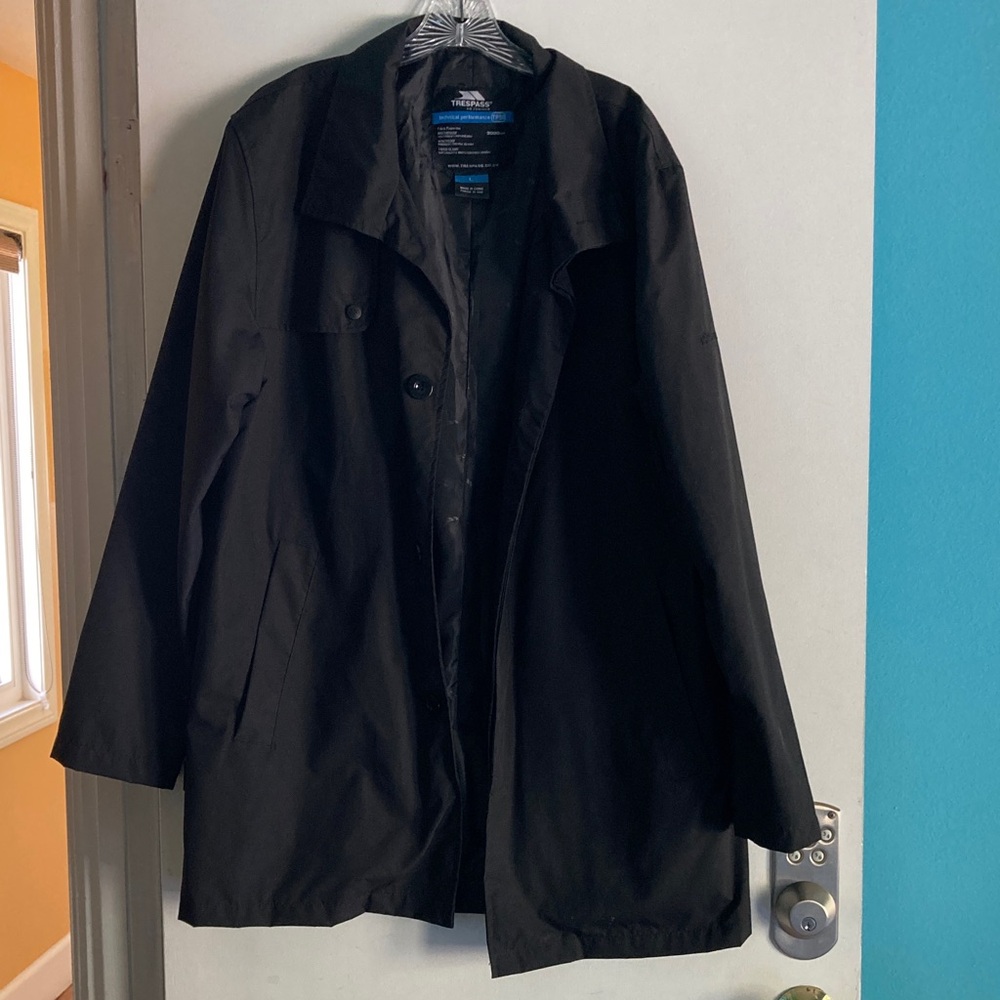 Trespass Men Size L Black TP50 Trench Coat Waterproof Windproof Button Up Jacket
